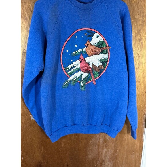 Vintage Cardinals‎ Birds Winter Christmas Nature Crewneck Sweater XL USA Blue - Picture 3 of 9
